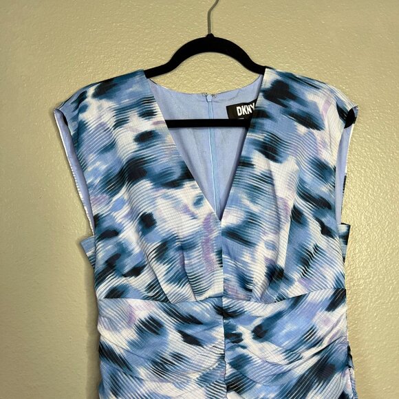 DKNY Sleeveless Printed Dress Size S Ruched Chiffon Blue Purple Mini NWT - Picture 4 of 9